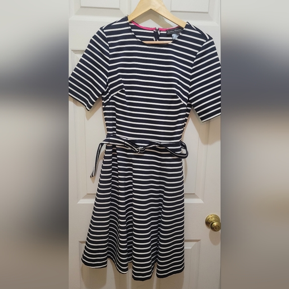 Navy and White Striped Flare Dress with Pockets - Picture 1 of 2